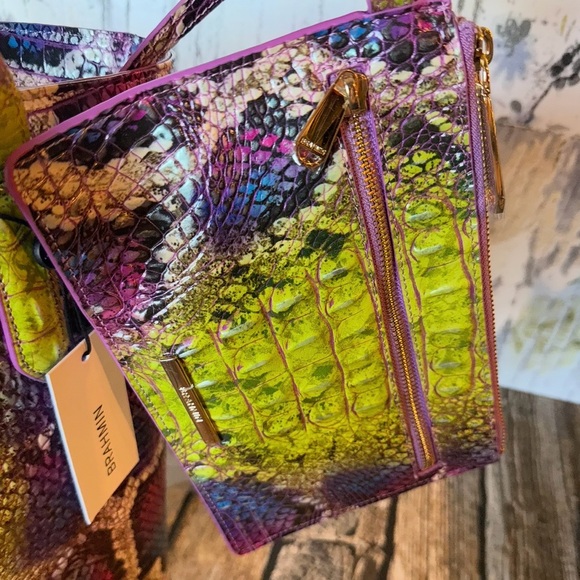 NEW BRAHMIN BROOKE TOTE ASSORTED WITH MATCHING WRISTLET NEON SNAKE LEATHER BAG - Picture 12 of 14